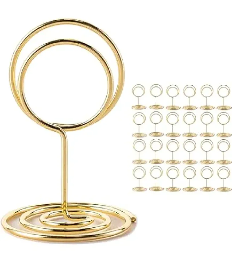 20 Unidades Portatarjetas Doradas para Tarjetas de Números de Mesa, con Forma Redonda, Clips para Notas de Menú, Recuerdos de Boda, Soporte de Alambre para Fotos (Color Dorado)