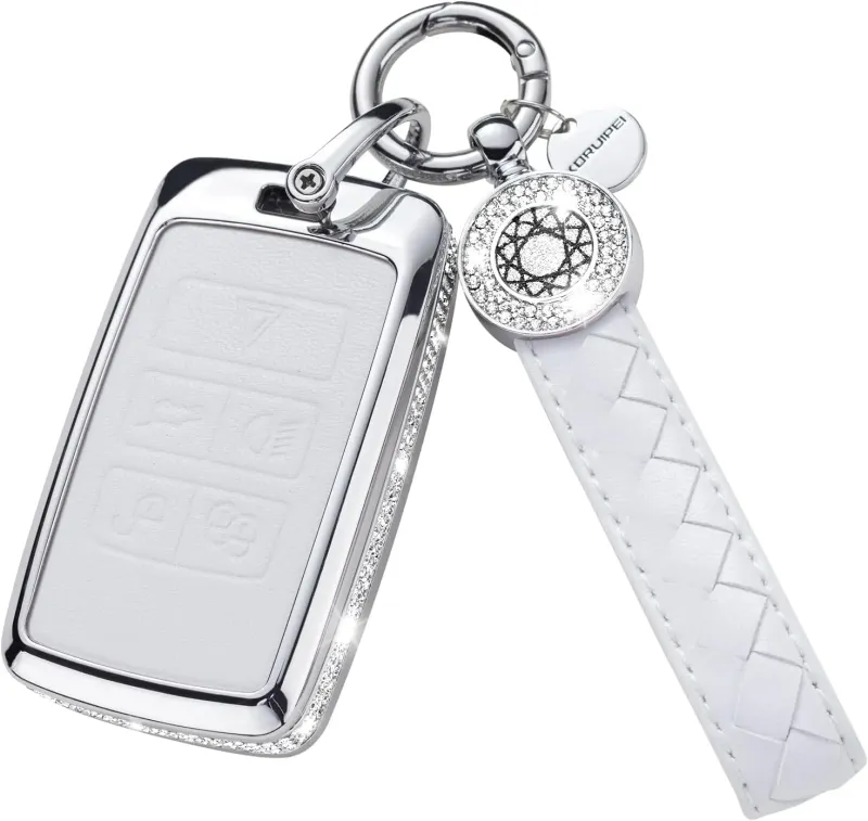 Funda protectora para llavero Land Rover con llavero, compatible con Range Rover Evoque Sport Velar Land Rover Discovery Jaguar F-Pace F-Type XE XF XFL XJ (blanco)