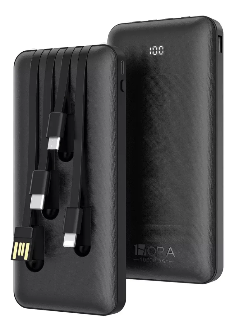 1Hora Power Bank 10000mAh portátil, 4 cables Incorporados