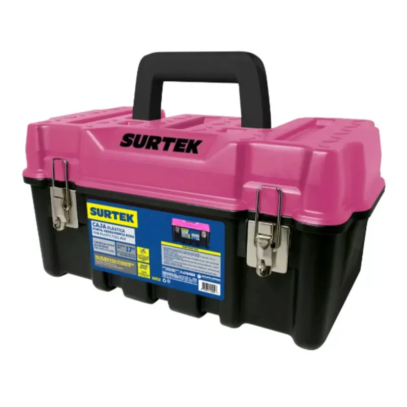 Caja portaherramientas plástica con broches metálicos y tapa rosa 17" x 9" x 8" Surtek