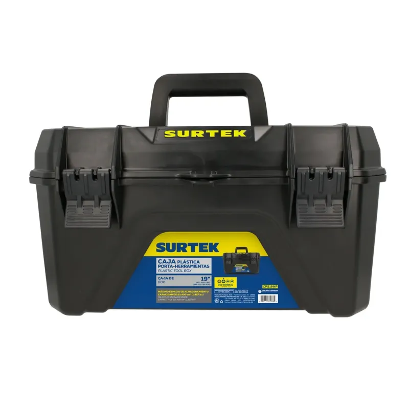 Caja portaherramientas plástica color negro con broches plásticos y charola 19" Surtek