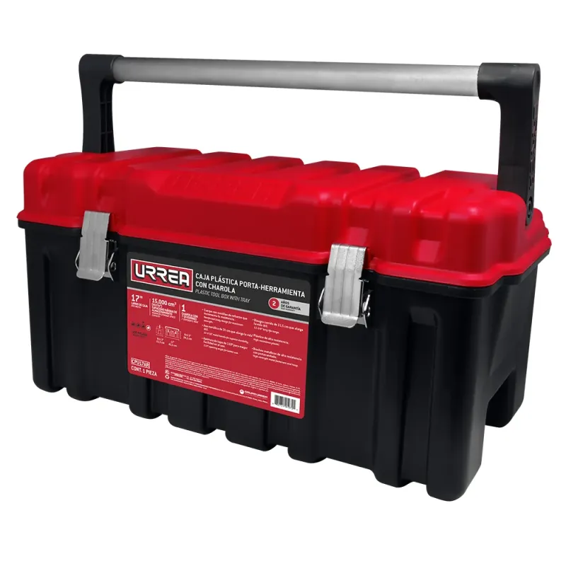 Caja portaherramientas plástica con broches metálicos, charola y tapa roja 17" x 9" x 8" Urrea