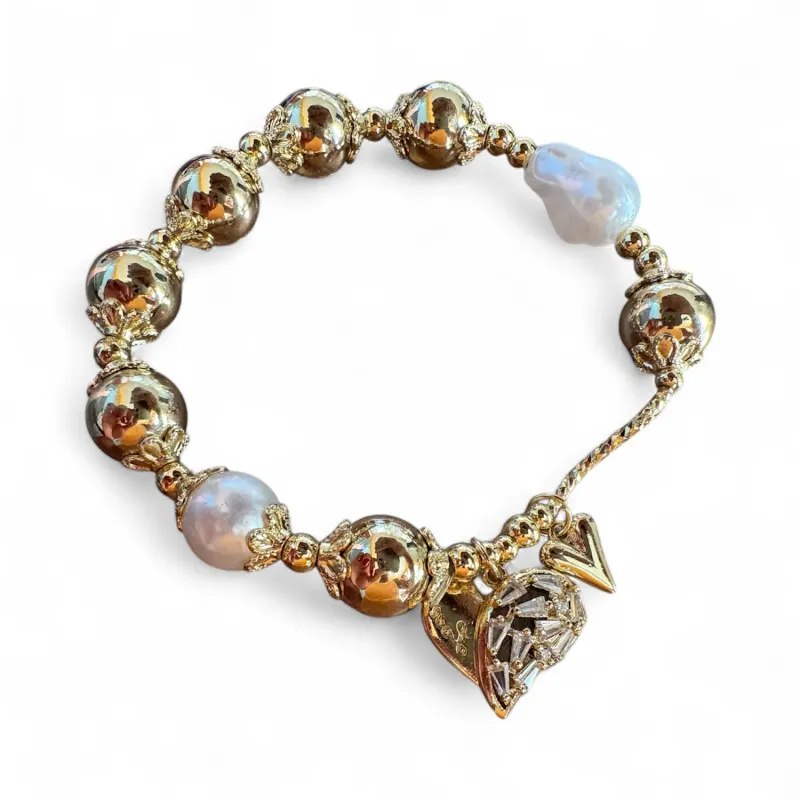 Pulsera Oro Laminado Dorado con perlas blancas